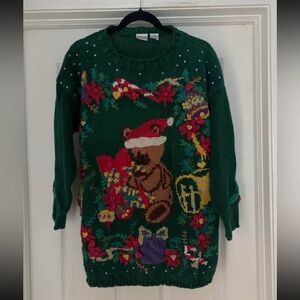 Vintage Green Holiday Sweater with Bear Design
